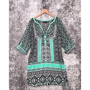 Hale Bob Dress Medium Womens Green Patterned Kaftan Tunic